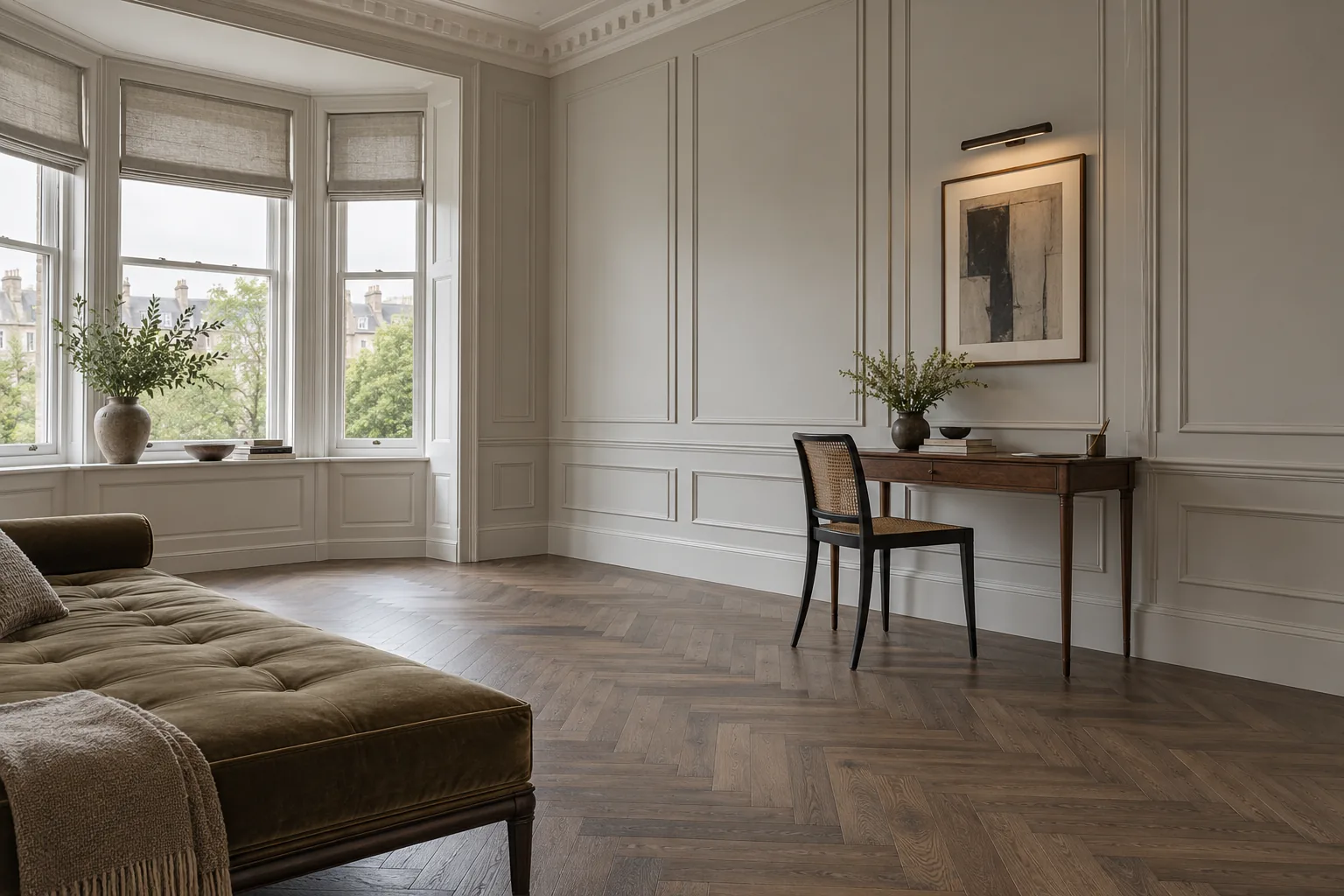Pearl-grey panelled room with a walnut writing desk, sash bay window and oak parquet