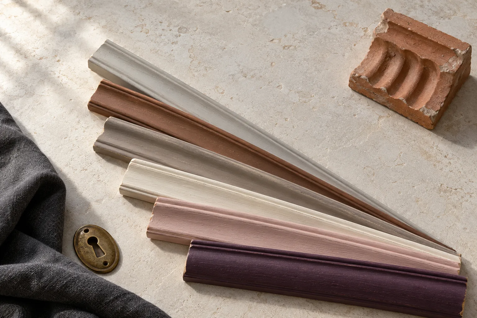 Fan of painted timber mouldings in plum, plaster pink, bone, putty, copper and pearl with terracotta and brass