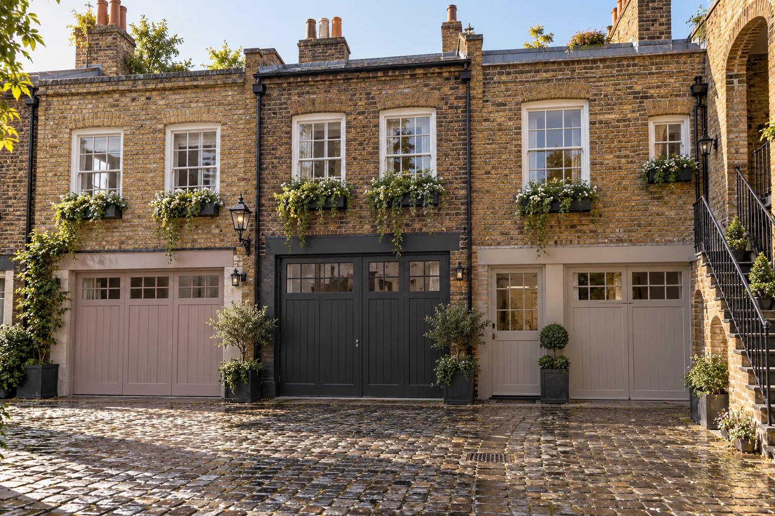 Cobbled mews court with mauve, charcoal and taupe garage doors beneath flower-filled window boxes